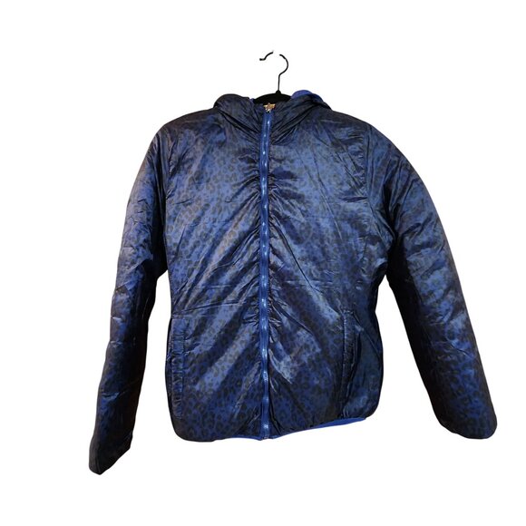 Reversible Blue Leopard Print Puffer Jacket W/ Hood S Roosevelt American College - Picture 3 of 5